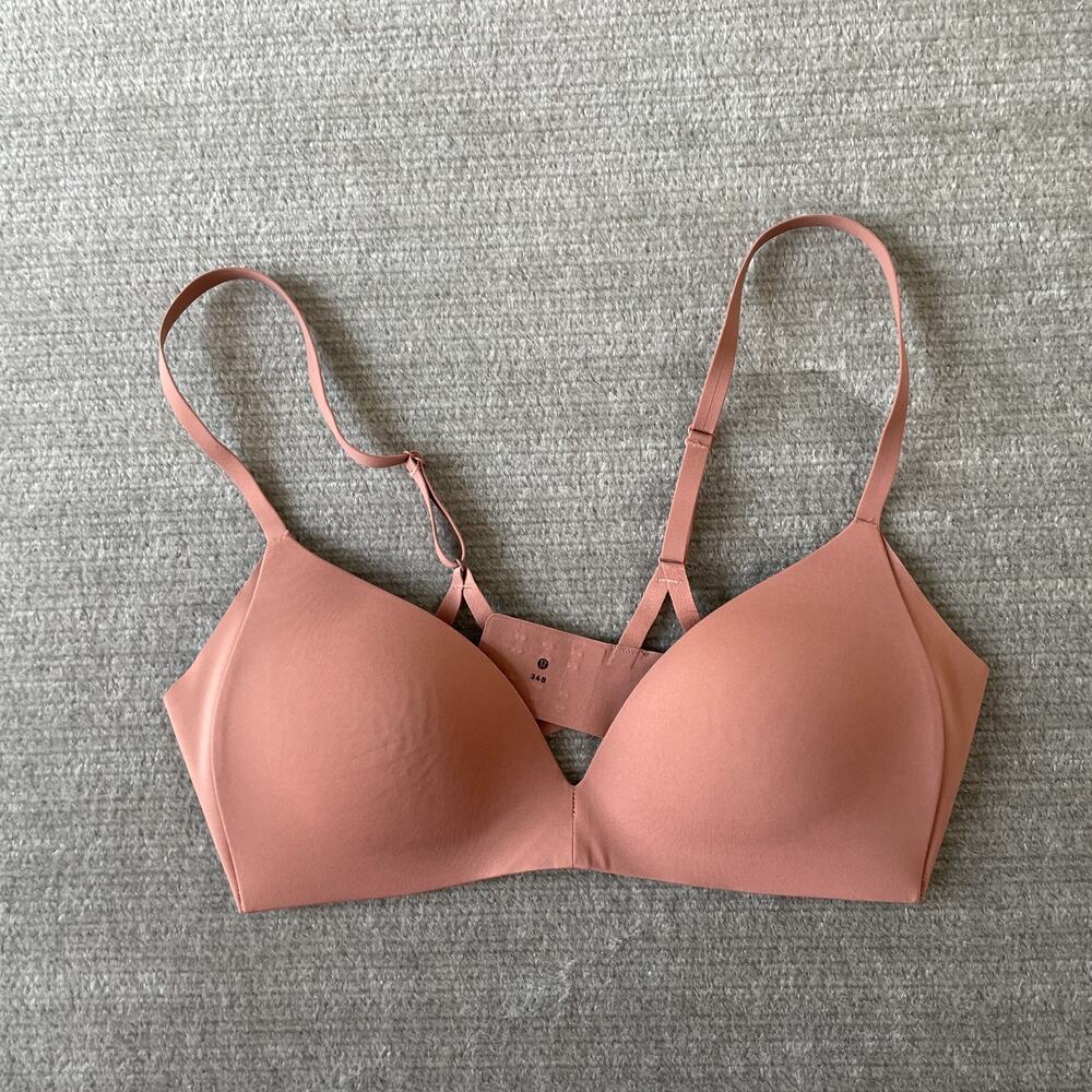 Lululemon Bra Women 34B Tan Take Shape Push Up Wireless Logo Adjustable Casual.